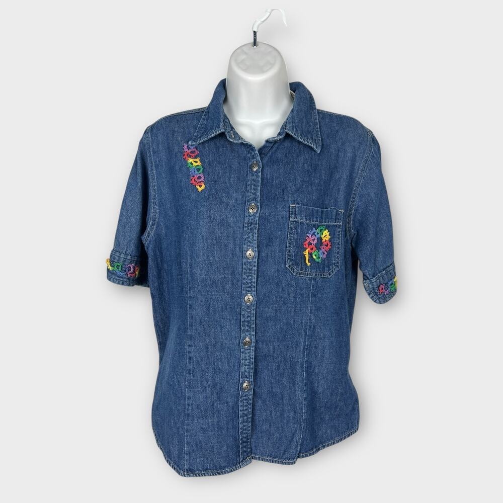 Vintage 90s Denim Shirt Rainbow‎ Embroidery Womens Medium Boho Top